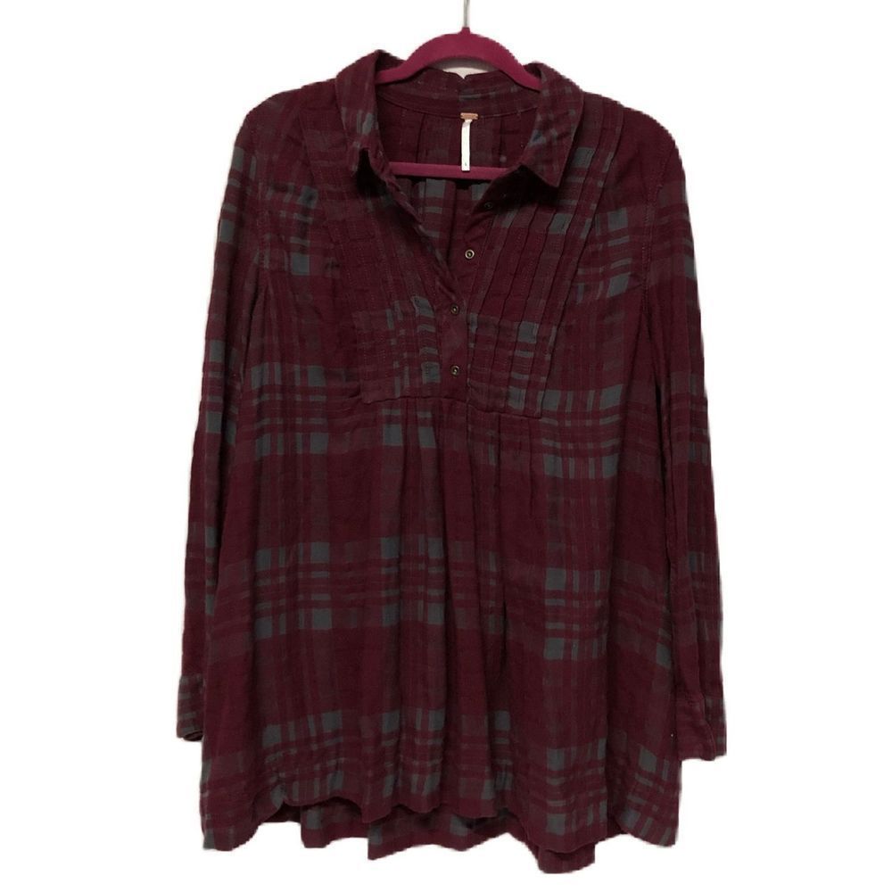 Free People Size Large Burgundy Red Flannel Yoko Plaid Tunic Shirt Mini-Dress